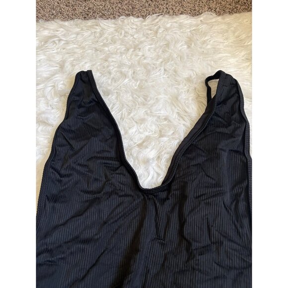 NWT Shekini Black Ribbed Deep U-Neck Thong Back One Piece Swimsuit L - Picture 3 of 10